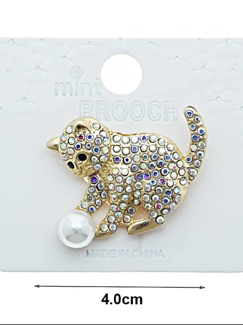 Gold Cat Brooch with Crystal Accents and Pearl